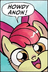 Size: 403x603 | Tagged: safe, artist:agnesgarbowska, edit, apple bloom, spoiler:comic, spoiler:comic31, close-up, face, happy, hi anon, meme, speech bubble