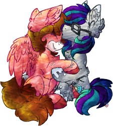 Size: 2400x2667 | Tagged: safe, artist:iroxykun, oc, oc only, earth pony, pegasus, pony, bracelet, cute, female, forehead kiss, freckles, glasses, kissing, lesbian, wings