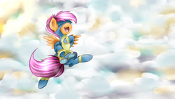 Size: 1920x1080 | Tagged: safe, artist:yuukon, scootaloo, pegasus, pony, cute, cutealoo, goggles, scootaloo can fly, smiling, solo, wonderbolt scootaloo, wonderbolts uniform