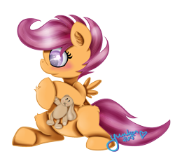 Size: 1209x1080 | Tagged: safe, artist:yuukon, scootaloo, rabbit, plushie, simple background, solo, transparent background