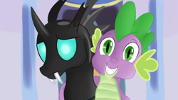 Size: 1280x720 | Tagged: safe, artist:jbond, spike, thorax, changeling, dragon, the times they are a changeling