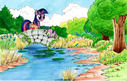 Size: 2000x1281 | Tagged: safe, artist:ecmonkey, spike, twilight sparkle, dragon, bridge, cloud, cloudy, forest, lilypad, river, saddle bag, stream