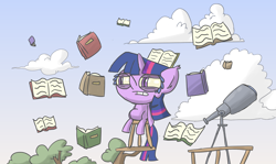 Size: 2000x1192 | Tagged: safe, artist:switchy, twilight sparkle, book, solo, telescope