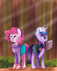 Size: 3200x4000 | Tagged: safe, artist:bukaa-a, derpibooru import, pinkie pie, twilight sparkle, earth pony, pony, book, clothes, crossover, dipper pines, gravity falls, hat, journal #3, mabel pines, skirt