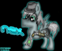 Size: 3000x2500 | Tagged: safe, artist:proto-dash, oc, oc only, oc:nex, fedora, green eyes, gun, hat, solo, watch