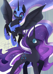 Size: 601x850 | Tagged: safe, artist:ende26, nightmare moon, nightmare rarity, duality, flying, looking at you, raised hoof, self ponidox, spread wings, time paradox