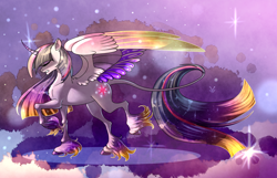 Size: 1400x900 | Tagged: safe, artist:deroko, twilight sparkle, twilight sparkle (alicorn), alicorn, classical unicorn, pony, beautiful, chest fluff, colored hooves, colored wings, curved horn, ethereal fetlocks, eyes closed, female, horn, leonine tail, mare, profile, rainbow power, solo, unshorn fetlocks, wing fluff