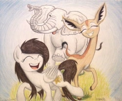 Size: 982x813 | Tagged: safe, artist:thefriendlyelephant, oc, oc only, oc:coconut cake, oc:nuk, oc:obi, antelope, elephant, gerenuk, pegasus, pony, animal in mlp form, big ears, birthday gift, cloven hooves, dancing, grass, smiling, traditional art, trio, trunk, tusk, wink