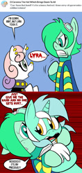 Size: 576x1224 | Tagged: safe, artist:pembroke, lyra heartstrings, sweetie belle, comic, dialogue, hand, meanie belle, mint, super genius mint