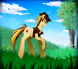 Size: 900x800 | Tagged: safe, artist:skyeypony, braeburn, apple tree, clothes, cloud, cloudy, grass, hat, scenery, sky, smiling, solo, tree, vest