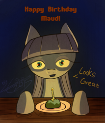 Size: 987x1155 | Tagged: safe, artist:liracrown, maud pie, birthday, candle, candlelight, dark, dialogue, hooves on the table, plate, rock, table, text