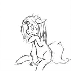 Size: 1280x1280 | Tagged: safe, artist:silver-tip, oc, oc only, pony, unicorn, the cutie map, female, messy mane, monochrome, requested art, sad, shaking, sitting, sketch, solo