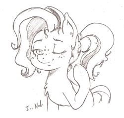 Size: 681x646 | Tagged: safe, artist:i am nude, oc, oc only, oc:milky way, pony, blushing, female, freckles, mare, monochrome, ponytail, solo