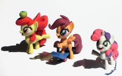 Size: 2000x1250 | Tagged: safe, artist:deathpwny, apple bloom, scootaloo, sweetie belle, 3d print, apple, cutie mark crusaders, irl, photo, scooter