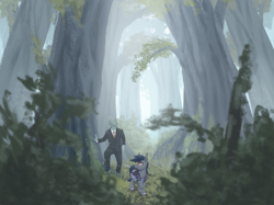 Size: 2008x1505 | Tagged: safe, artist:mav, oc, oc only, oc:anon, oc:echo, bat pony, human, pony, armor, fanfic art, forest, scenery, spear