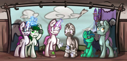 Size: 1280x627 | Tagged: safe, artist:itspencilguy, oc, oc only, oc:candy stripes, oc:hidden fortune, oc:lost art, oc:nohta, oc:snowflake, oc:undertow, fallout equestria