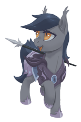 Size: 453x680 | Tagged: safe, artist:mav, oc, oc only, oc:echo, bat pony, pony, armor, fangs, night guard, open mouth, raised hoof, simple background, smiling, solo, spear, transparent background, weapon