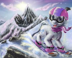 Size: 5000x4000 | Tagged: safe, artist:vittorionobile, double diamond, the cutie map, absurd resolution, clothes, cute, double dawwmond, epic, goggles, happy, helmet, mountain, scarf, scenery, skiing, skis, snow, solo