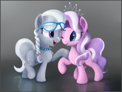 Size: 1320x1000 | Tagged: safe, artist:scootiebloom, diamond tiara, silver spoon, earth pony, pony, best friends, female, glasses, open mouth, raised hoof