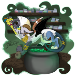 Size: 1024x1024 | Tagged: safe, artist:midnightsketches, oc, oc only, oc:jinx, draconequus, cauldron, offspring, parent:discord, parent:zecora, parents:zecord, solo