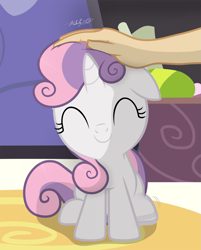 Size: 1597x1982 | Tagged: safe, artist:shutterflyeqd, sweetie belle, human, pony, unicorn, cute, diasweetes, eyes closed, female, filly, hand, hoof tapping, offscreen character, petting, scratch reflex, signature, smiling, weapons-grade cute