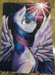 Size: 531x720 | Tagged: safe, artist:iponylover, twilight sparkle, twilight sparkle (alicorn), alicorn, pony, female, glowing horn, mare, solo, spread wings, traditional art