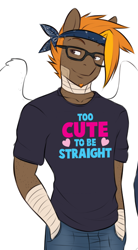 Size: 496x896 | Tagged: safe, artist:askbubblelee, oc, oc only, oc:singe, anthro, pegasus, anthro oc, bandage, clothes, glasses, hands in pockets, looking away, pansexual, pride, shirt, solo