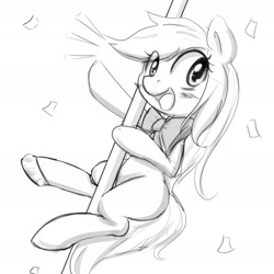 Size: 2378x2378 | Tagged: safe, artist:randy, edit, oc, oc only, oc:cherry blossom, earth pony, pony, black and white, bow, confetti, dancing, female, grayscale, happy, horseshoes, monochrome, neck bow, open mouth, outline, pole, smiling, solo, stripper, stripper pole