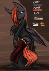 Size: 2598x3780 | Tagged: safe, artist:tenenbris, oc, oc only, oc:isadora mord, pegasus, pony, braid, clothes, reference sheet, robe, smiling, socks, solo, stockings