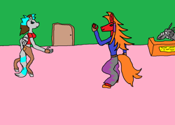 Size: 1372x984 | Tagged: safe, oc, oc only, oc:agentcaw, oc:carrot raveparty, oc:kumi yi, dragon, original species, pegasus, dancing, oc x oc, rabbit pone, spying