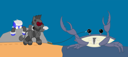 Size: 1052x467 | Tagged: safe, artist:minty candy, oc, oc only, oc:crash dive, oc:static charge, fallout equestria, fallout equestria: empty quiver, angry, beach, fishing, fishing rod, giant crab, power armor, story