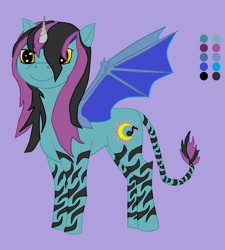 Size: 1024x1138 | Tagged: safe, artist:runnerdragon, oc, oc only, oc:moon melody, bat pony, pony, fake alicorn, fake horn, hair over one eye, headband, tattoo