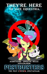 Size: 800x1246 | Tagged: safe, artist:mzx-90, apple bloom, scootaloo, sweetie belle, bloom and gloom, cutie mark crusaders, ghostbusters, lightning, movie, movie poster, parody, pest control gear, poster, twitbuster apple bloom, twittermite