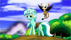 Size: 1505x862 | Tagged: safe, artist:aurawing, lyra heartstrings, oc, oc:blue sky, griffon, pony, unicorn, chickub