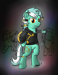 Size: 2100x2699 | Tagged: safe, artist:invertigo, lyra heartstrings, pony, fanfic:background pony, bipedal, clothes, frown, glitch, hoodie, lyre