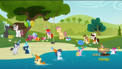 Size: 1920x1080 | Tagged: safe, screencap, aquamarine, blossomforth, boysenberry, candy mane, dizzy twister, gallop j. fry, little red, nursery rhyme, orange swirl, rumble, shady daze, tag-a-long, thunderlane, twist, earth pony, pegasus, pony, the one where pinkie pie knows, back to the future, balloon, beach, birthday party, colt, discovery family logo, female, filly, flower, hat, inflatable toy, lake, lightning flare, male, mare, party, party hat, present, stallion, swimming, swing, tree