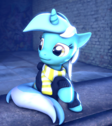 Size: 958x1080 | Tagged: safe, artist:popfizzelz, lyra heartstrings, fanfic:background pony, 3d, clothes, hoodie, raised hoof, scarf, smiling, solo, source filmmaker