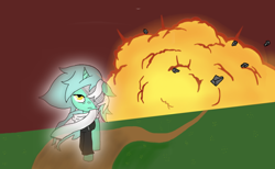 Size: 1024x630 | Tagged: safe, artist:kilertech, lyra heartstrings, fanfic:background pony, bandage, clothes, cool guys don't look at explosions, explosion, hoodie, scarf, solo