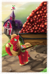 Size: 1370x2080 | Tagged: safe, artist:baitoubaozou, big macintosh, earth pony, pony, apple, barn, cart, eating, male, solo, stallion