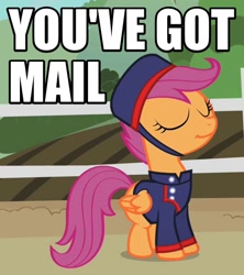 Size: 480x540 | Tagged: safe, edit, edited screencap, screencap, scootaloo, family appreciation day, caption, clothes, costume, cute, cutealoo, eyes closed, hat, image macro, meme, scootagram, solo, uniform