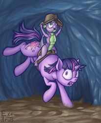 Size: 1266x1536 | Tagged: safe, artist:exedrus, spike, twilight sparkle, unicorn twilight, dragon, pony, unicorn, bucking, cave, cowboy hat, dragons riding ponies, duo, female, frown, funny, hat, looking at you, male, mare, open mouth, riding, running, saddle, stetson, surprised, wide eyes
