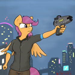 Size: 3000x3000 | Tagged: safe, artist:orang111, artist:shafty817, edit, scootaloo, anthro, gun, pistol, railgun, remake