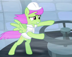 Size: 700x550 | Tagged: safe, screencap, merry may, pegasus, pony, tanks for the memories, background pony, clothes, cropped, damage control, female, hard hat, hat, mare, shirt, solo, uniform, weather factory, weather factory uniform, wind, working, worried