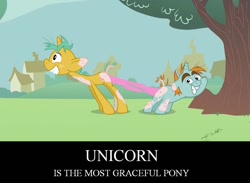 Size: 991x724 | Tagged: safe, edit, edited screencap, screencap, snails, snips, pony, unicorn, ponyville confidential, bubblegum, colt, duo, food, gum, majestic as fuck, male, meme, shaved, stuck, stuck together