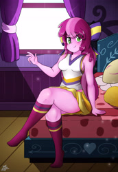 Size: 4227x6137 | Tagged: safe, artist:ohiekhe, cheerilee, equestria girls, the cart before the ponies, absurd resolution, bed, bedroom, blushing, breasts, cheerileeder, cheerleader, chestilee, clothes, crossed legs, female, legs, missing shoes, socks, solo