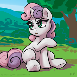 Size: 1500x1500 | Tagged: safe, artist:kp-shadowsquirrel, sweetie belle, pony, unicorn, cute, female, filly, hill, open mouth, raised hoof, sitting, solo, tree