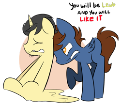 Size: 1337x1169 | Tagged: safe, artist:befishproductions, oc, oc only, oc:butter butt, oc:headlong flight, butter, butter pony, dialogue, simple background, transparent background