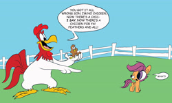 Size: 4464x2700 | Tagged: safe, artist:joeywaggoner, scootaloo, pegasus, pony, absurd resolution, crossover, foghorn leghorn, henery hawk, looney tunes, merrie melodies, racism in the comments, scootachicken, warner brothers