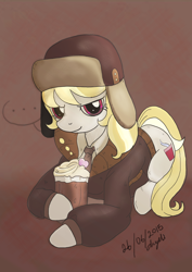 Size: 620x877 | Tagged: safe, artist:ckyeli, march gustysnows, clothes, coat, cup, hat, looking at you, lying down, mocha, signature, solo, ushanka