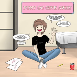 Size: 1500x1500 | Tagged: safe, artist:edowaado, oc, oc only, human, bed, bedroom, brown hair, clothes, crossed legs, dialogue, open mouth, pants, paper, pencil, shirt, sign, sitting, smiling, socks, soda, speech bubble, talking to viewer, tape, text, waving